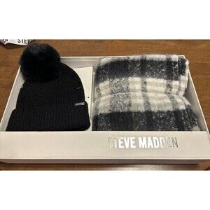 Steve Madden Two Beanie And Scarf Gift Set | Black And White | Brand New